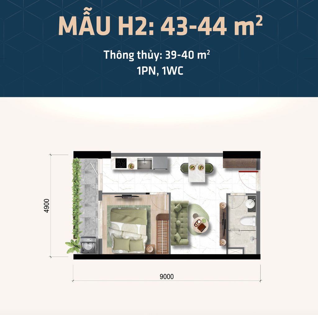Thiết kế căn hộ 1 phòng ngủ Bcons Central Park