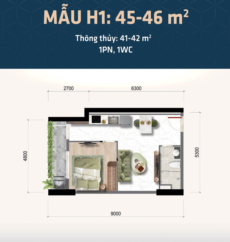 Thiết kế căn hộ 1 phòng ngủ Bcons Central Park