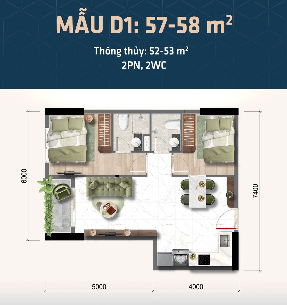 Thiết kế căn hộ 2 phòng ngủ Bcons Central Park
