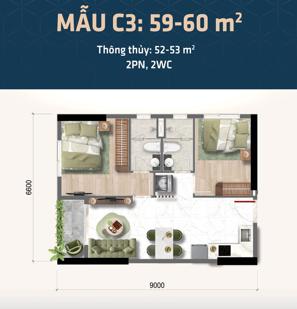 Thiết kế căn hộ 2 phòng ngủ Bcons Central Park