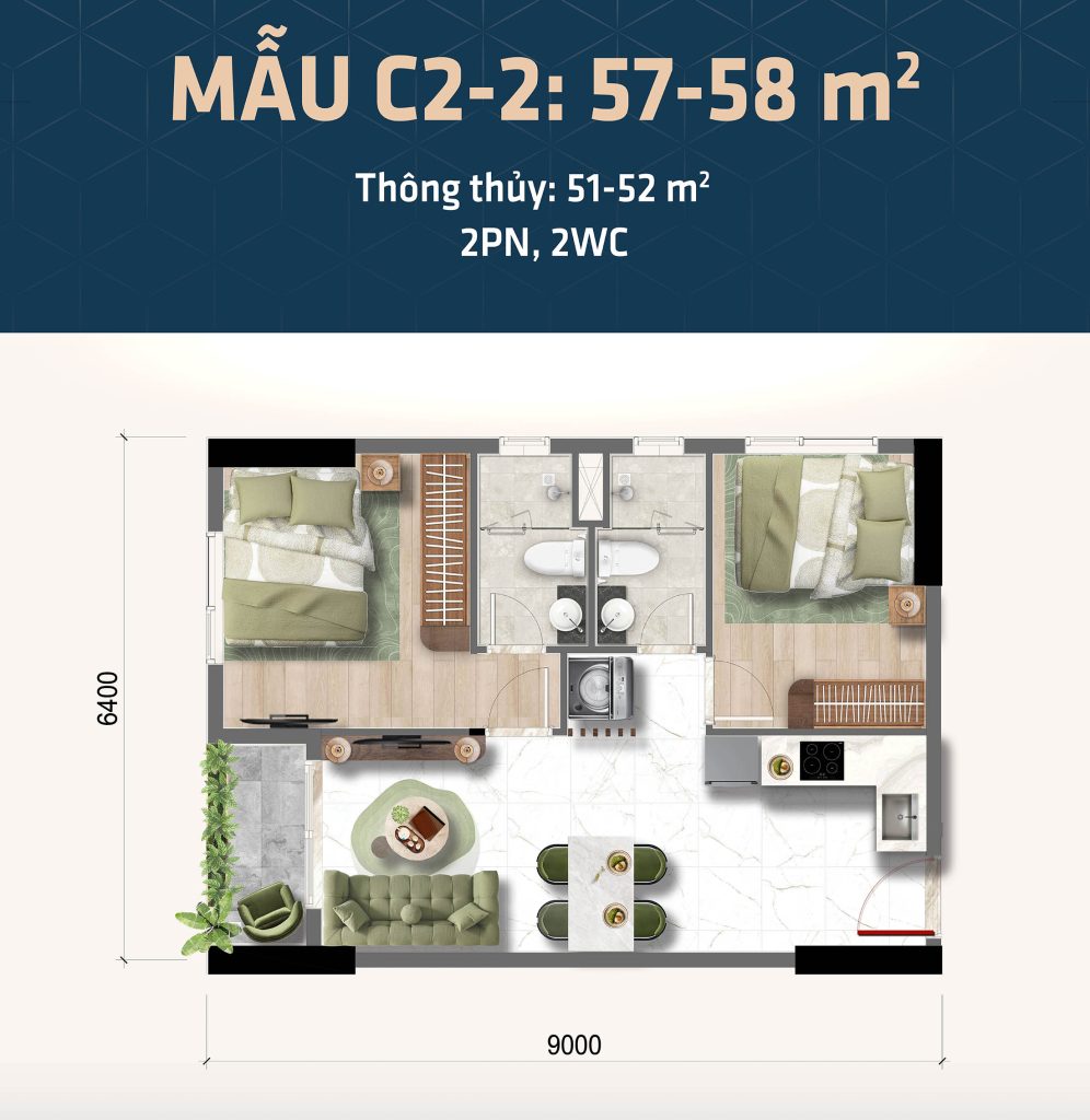 Thiết kế căn hộ 2 phòng ngủ Bcons Central Park