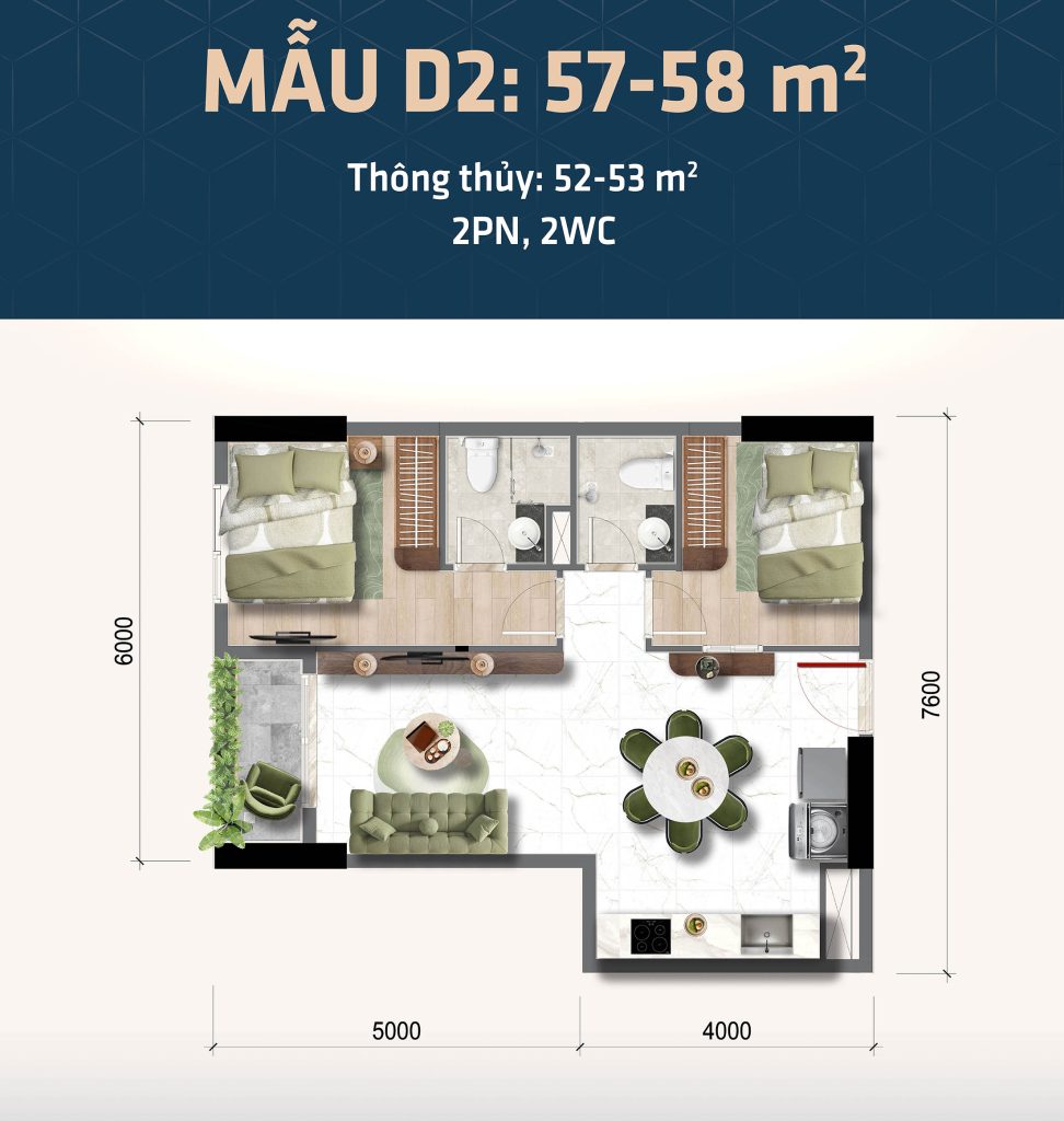 Thiết kế căn hộ 2 phòng ngủ Bcons Central Park