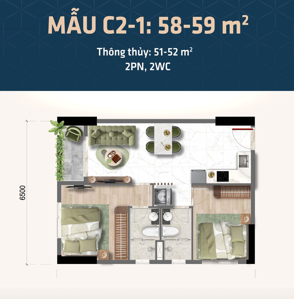 Thiết kế căn hộ 2 phòng ngủ Bcons Central Park