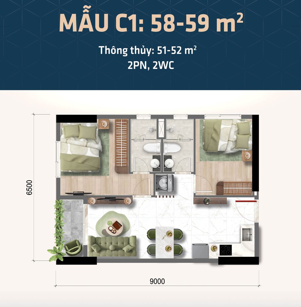 Thiết kế căn hộ 2 phòng ngủ Bcons Central Park