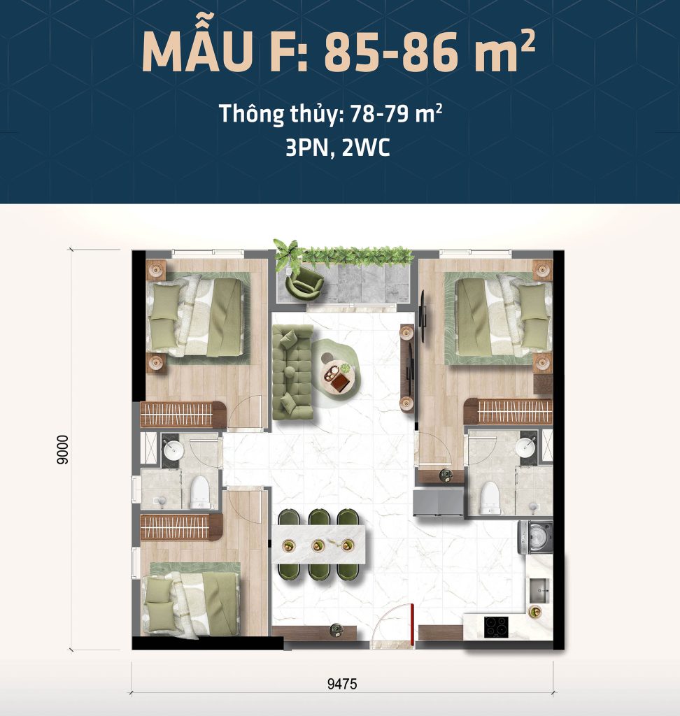 Thiết kế căn hộ 3 phòng ngủ Bcons Central Park